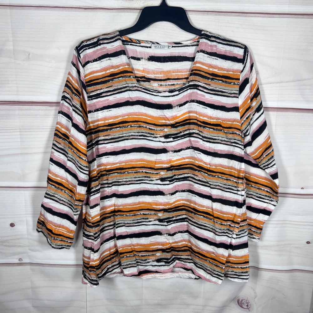 Masai Top Womens XL Multicolor Striped Blouse 3/4 Sleeve Scoop Neck Viscose